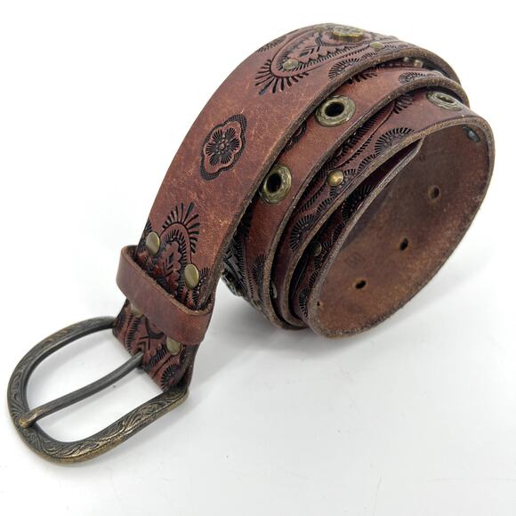 Vintage Fossil Tooled Leather Studded Brown Belt Size M/L - Picture 1 of 8